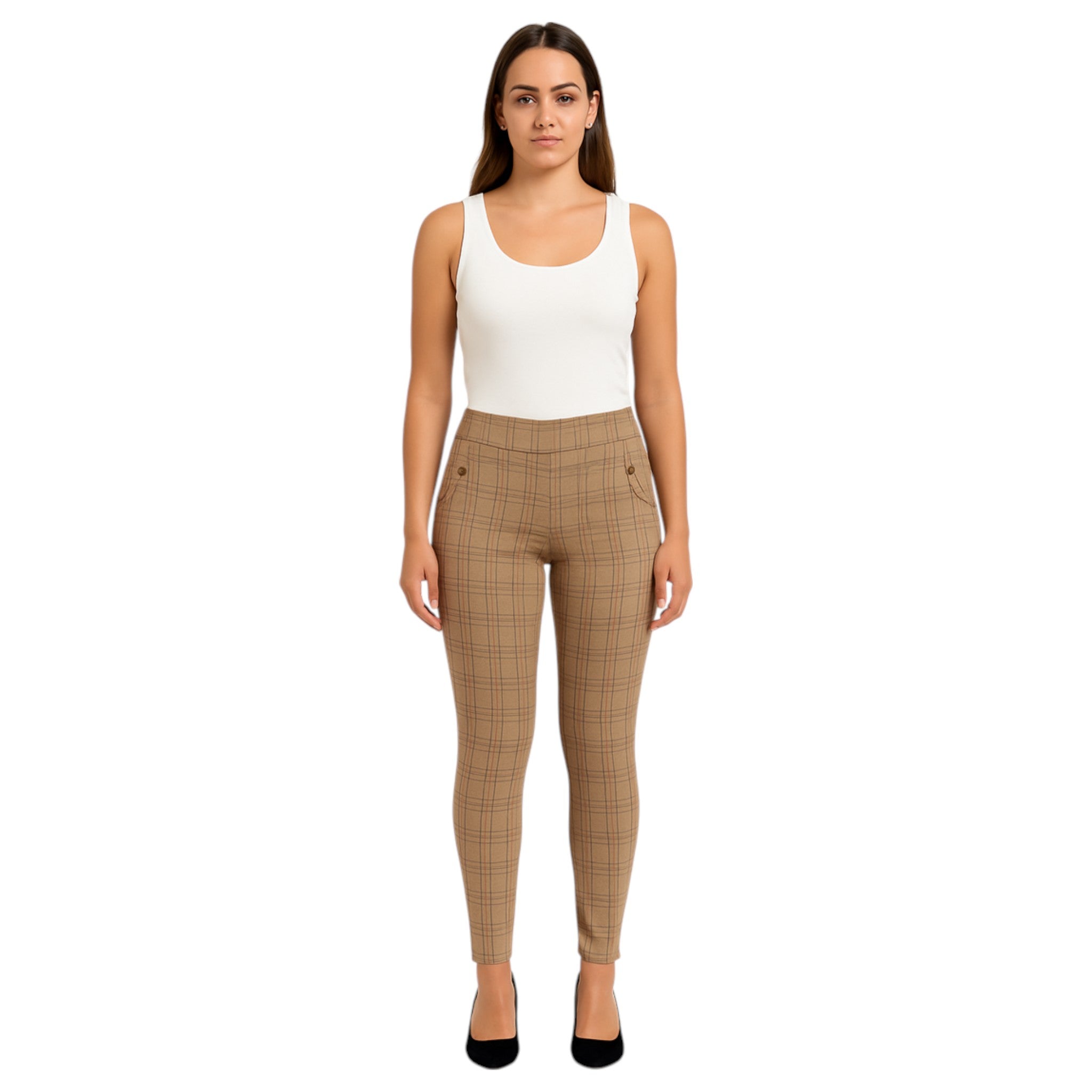 Ladies high-waisted stone check slim-fit trousers with front button detail